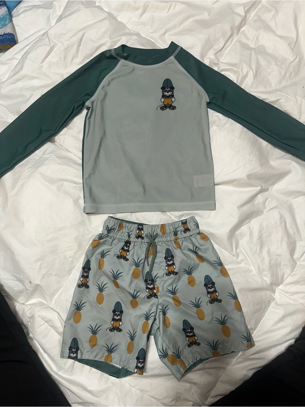 Disney Boys Sage Green & Forest Green Penguin Pineapple Rashguard Set